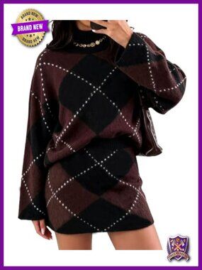Women 2 Piece Sweater Skirt Set Mock Neck Mini Bodycon Plaid Knit Fall Outfit
